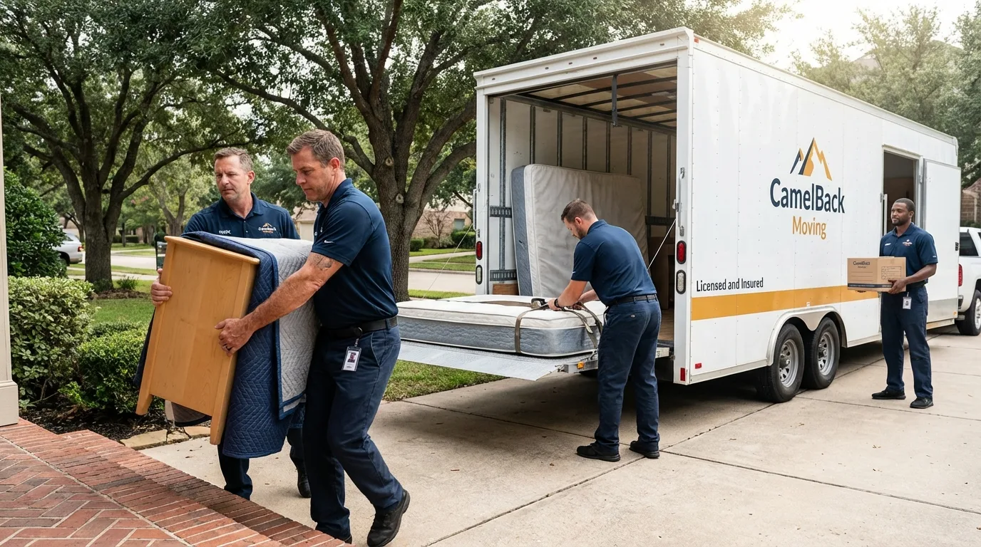 Crew loading residential truck for cross-state move from Elgin, OK