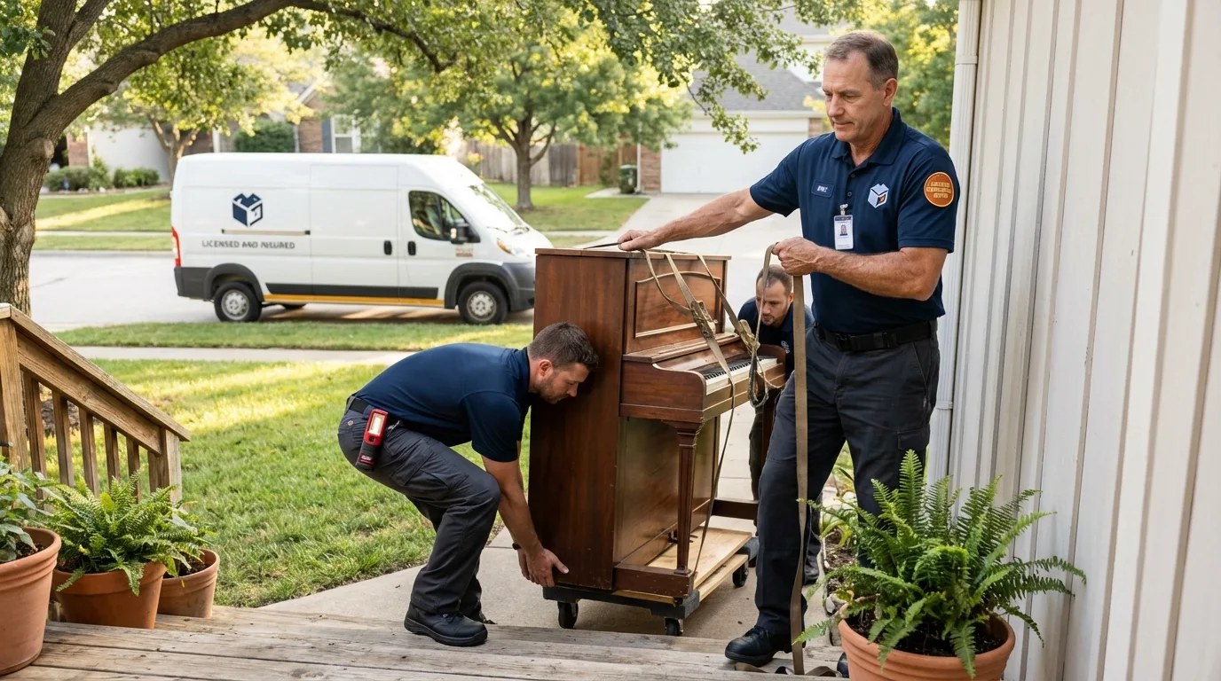 Licensed piano movers securing grand piano in Elgin, OK