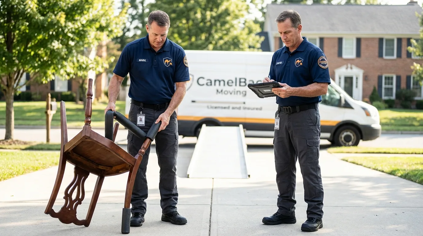 Movers inspecting furniture for damage prevention before loading in Elgin, OK