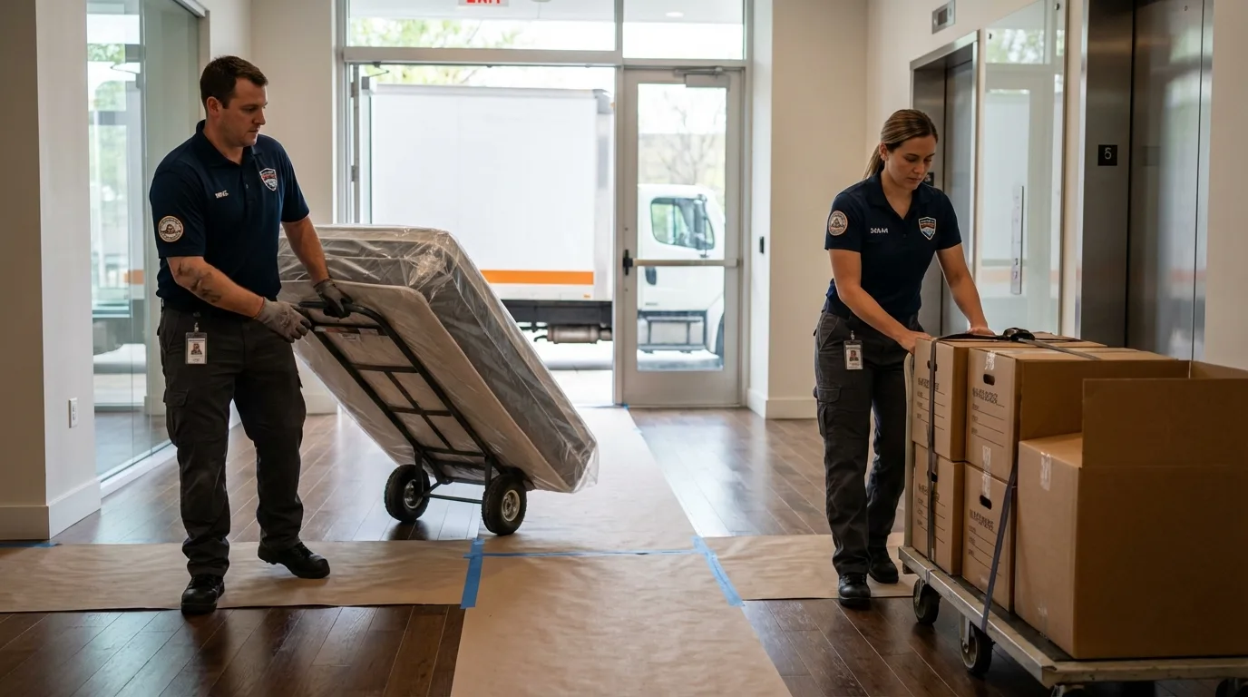 Professional apartment movers loading elevator in Elgin, OK